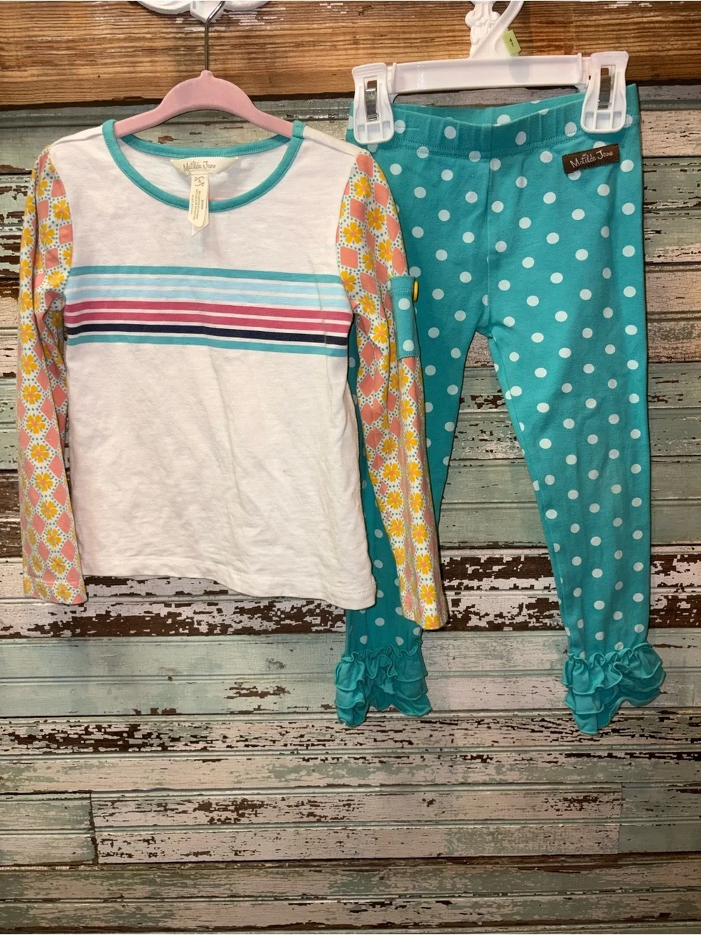 Matilda Jane White Top with Teal, Pink & Yellow 2 pc outfit Set